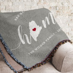Maine Home State Personalized Throw Blanket<br><div class="desc">Show some home state pride with this cute rustic gray throw blanket featuring "home" in white calligraphy script lettering with a silhouette map of the state of Maine standing in for the letter "O." A red heart illustration inside the state map completes the design; you can change the position of...</div>