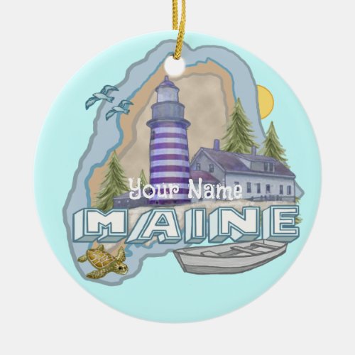 Maine Lighthouse custom name Ceramic Ornament