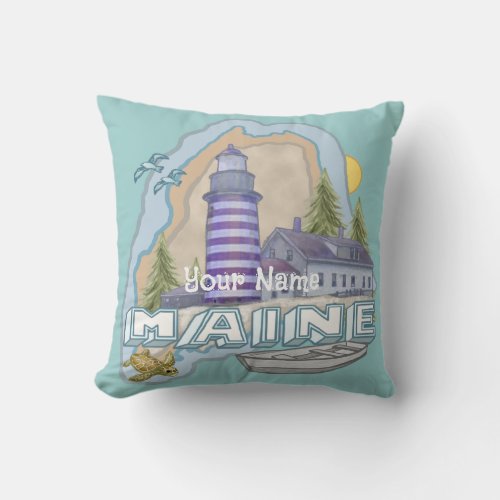 Maine Lighthouse custom name Throw Pillow
