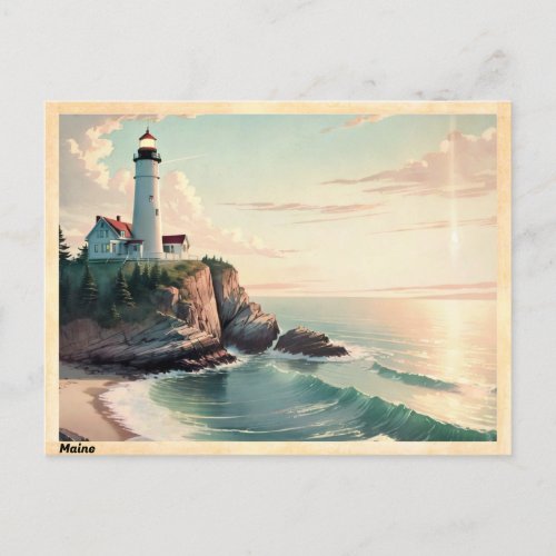 Maine Lighthouse on a cliff Vintage Postcard