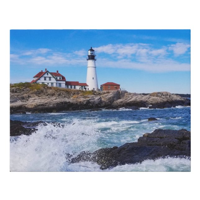 Maine Lighthouse on Atlantic Ocean Faux Canvas Print (Front)