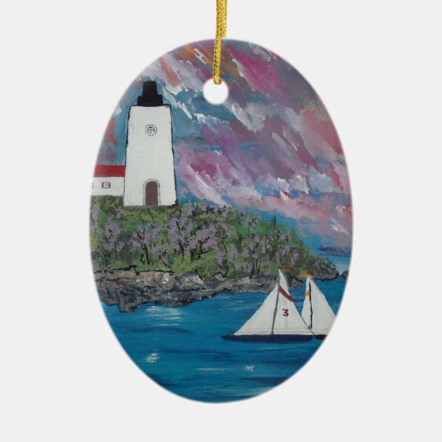 Maine Lighthouse Painting Ceramic Ornament (Front)