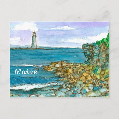 Maine Lighthouse Rocks Calm Ocean Postcard