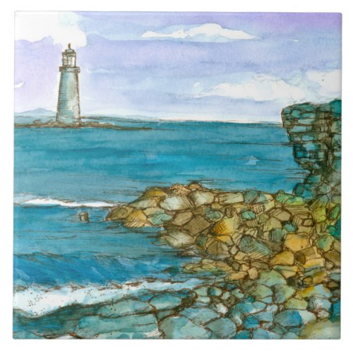 Maine Lighthouse Rocky Coastline Ocean Ceramic Tile