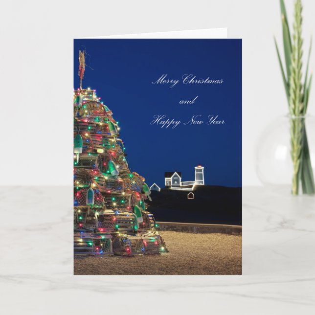 Maine Lobsta Trap Nubble Light Christmas Card Tall (Front)