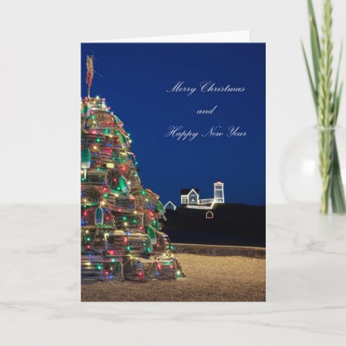 Maine Lobsta Trap Nubble Light Christmas Card Tall