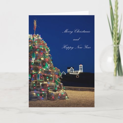Maine Lobsta Trap Nubble Light Christmas Card Tall