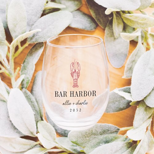 Maine Lobster Destination Wedding Favor Stemless Wine Glass