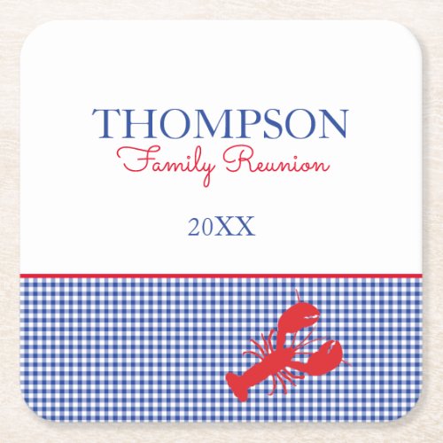 Maine Lobster Red Preppy Gingham Blue White Custom Square Paper Coaster