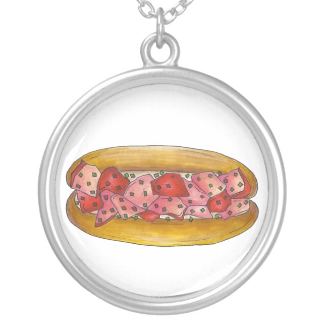 Maine Lobster Roll Sandwich New England Foodie Silver Plated Necklace (Front)