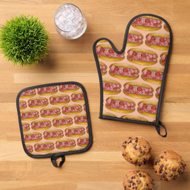 Maine Lobster Roll Sandwich Seafood Print Towel Oven Mitt & Pot Holder Set (Top Down)