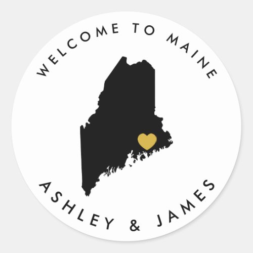 Maine Map Wedding Welcome Sticker Tag Black Gold