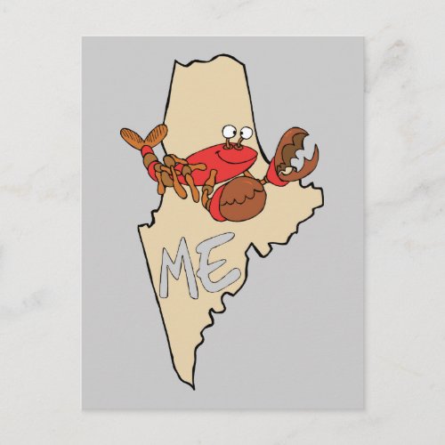Maine ME Cartoon Map with Lobster Art Postcard