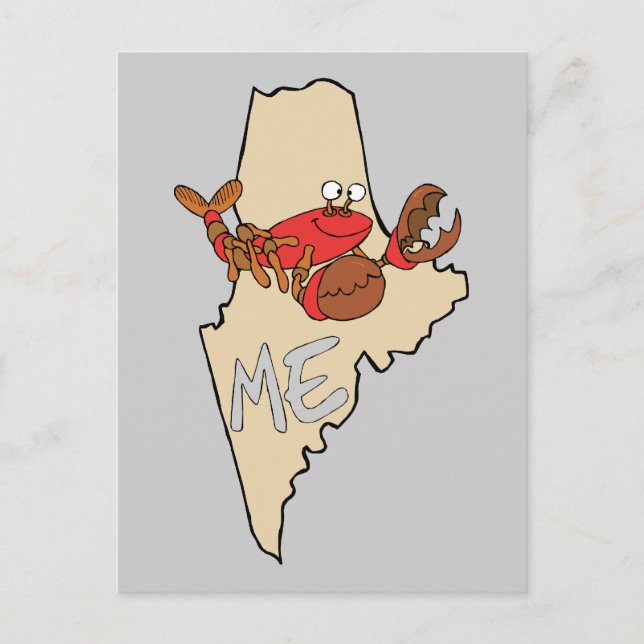Maine ME Cartoon Map with Lobster Art Postcard (Front)