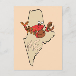 Maine ME Cartoon Map with Lobster Art Postcard