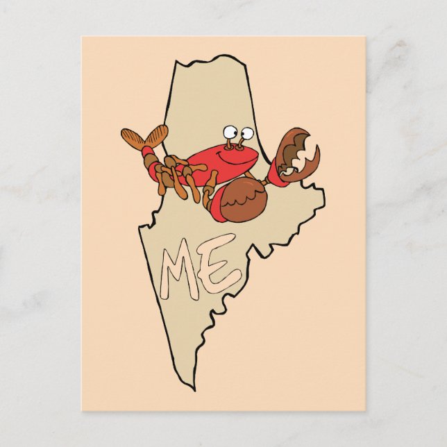 Maine ME Cartoon Map with Lobster Art Postcard (Front)