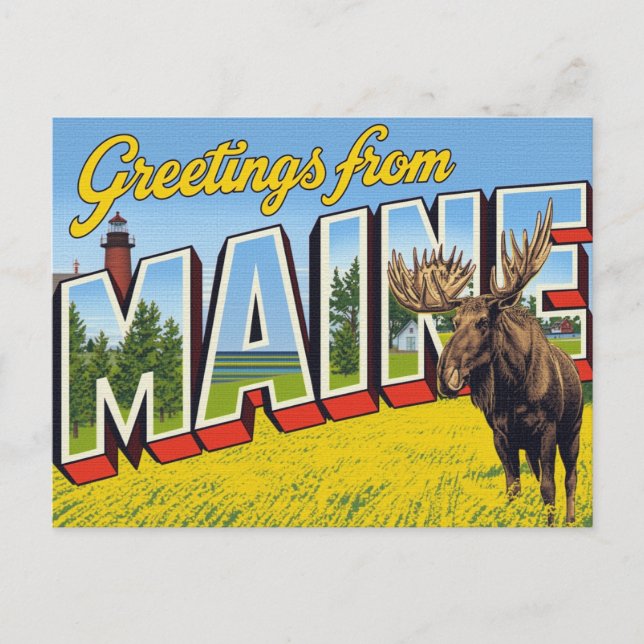 Maine Moose and Lighthouse Postcard (Front)