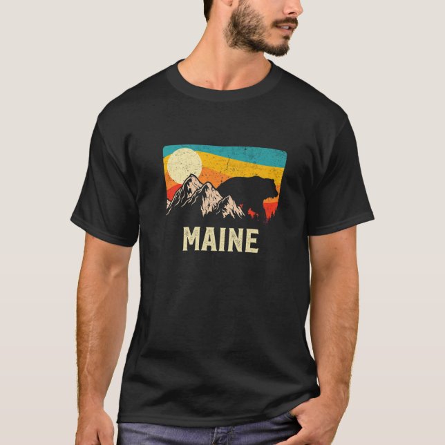 Maine Nature Wild Bear Retro Sunset Hiking T-Shirt (Front)