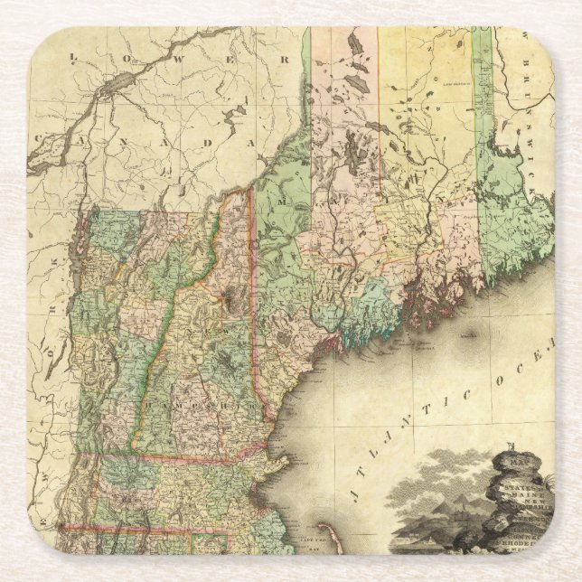 Maine, New Hampshire, Vermont, Massachusetts Square Paper Coaster (Front)
