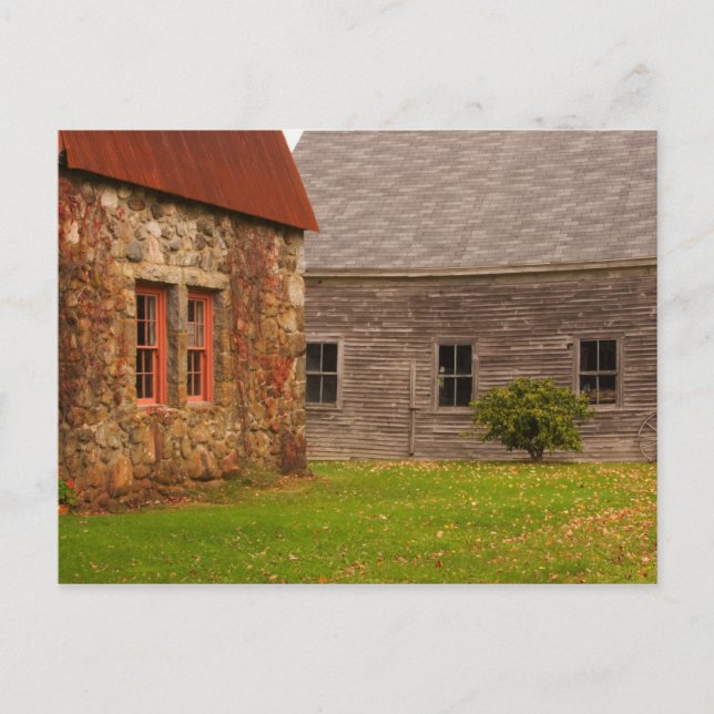 Maine,  Old stone building and wooden barn in Postcard (Front)