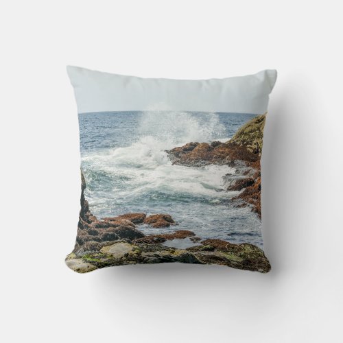 Maine Rocky Coast Ocean Waves Blue Throw Pillow