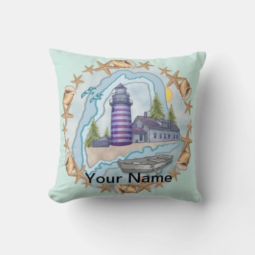 Maine Shells Lighthouse  custom name Throw Pillow