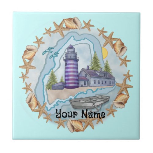 Maine Shells Lighthouse custom name Tile