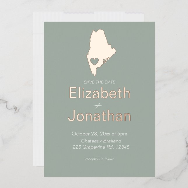Maine State Map Destination Wedding Rose Gold Foil Invitation (Envelope)