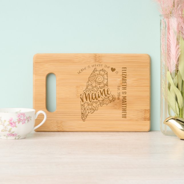 Maine state map outline newly weds USA Engraved Cutting Board (Upright)