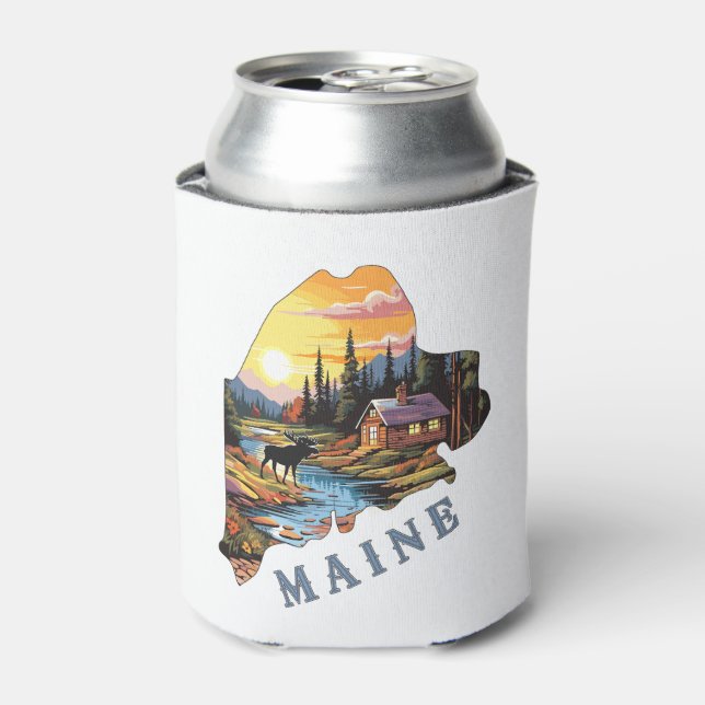 Maine State Outline Cabin Moose Can Cooler (Can Front)