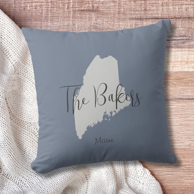 Maine State Outline Family Name Throw Pillow (Show pride for your state and personalize it!  "love makes this house a home in <your state>")