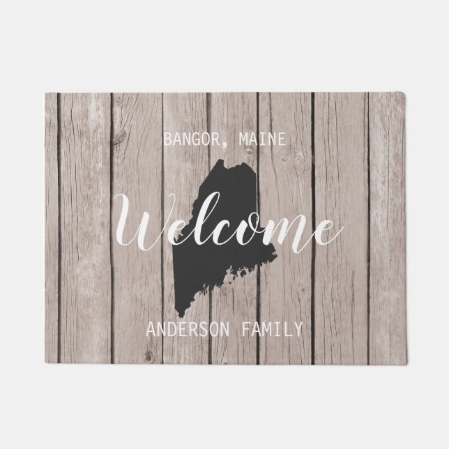 Maine State Personalized Welcome Wood Look Doormat (Front)