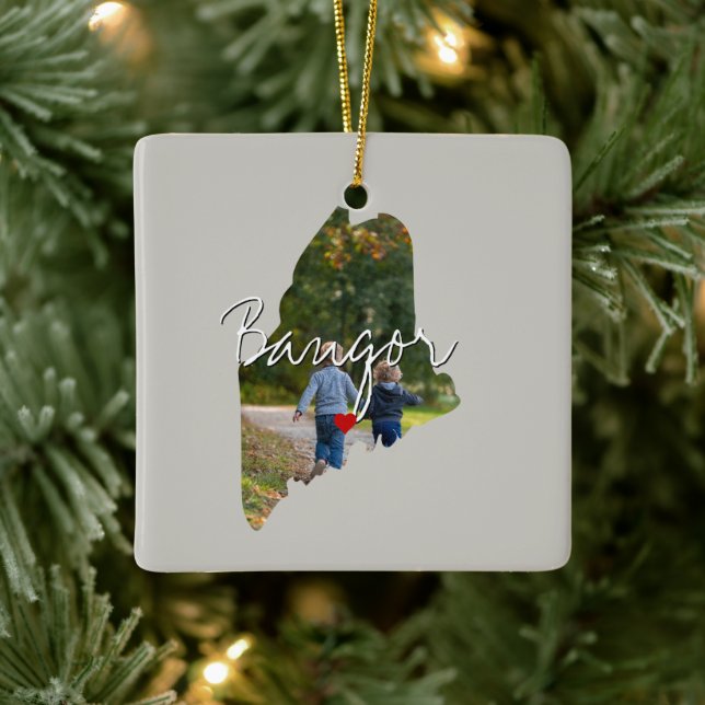 Maine State Photo insert and town name Ceramic Ornament (Tree)