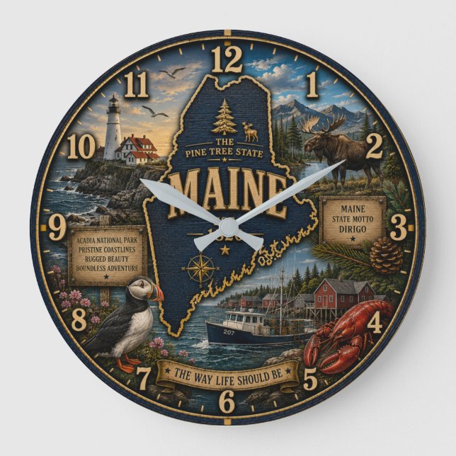 Maine State  Pine Tree State Coastal Lighthouse  Large Clock (Front)