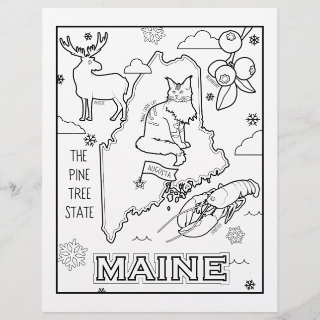 maine state shape and facts coloring page (Front)
