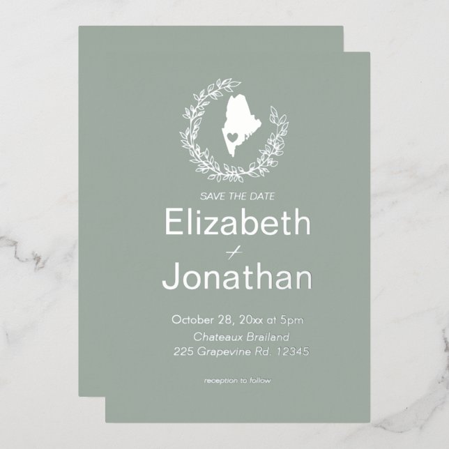 Maine State Silhouette Simple Destination Wedding  Foil Invitation (Front/Back)