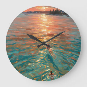 Maine Sunset Swimmers Oil Painting Aerial Coastal Large Clock