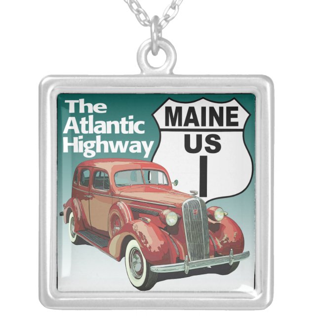 Maine US Route 1 - The Atlantic Highway Silver Plated Necklace (Front)
