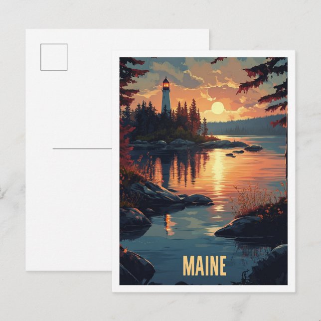Maine USA Art Vintage Illustration Travel Postcard (Front/Back)