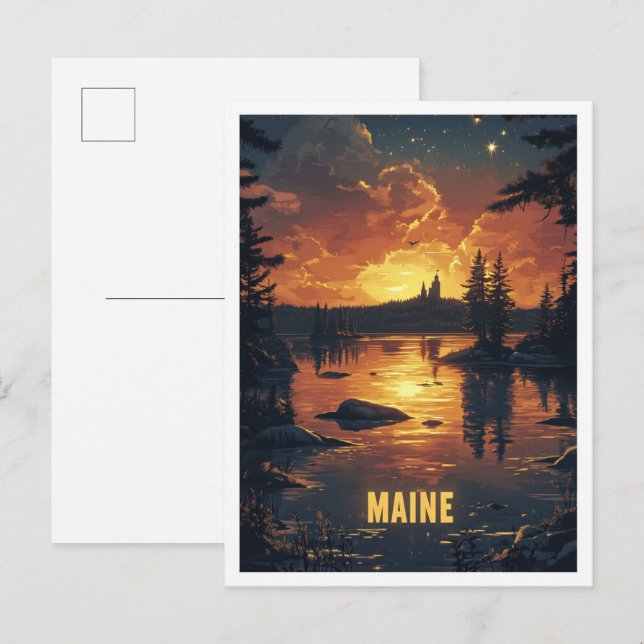 Maine USA Art Vintage Illustration Travel Postcard (Front/Back)