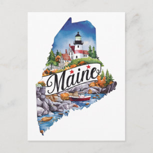 Maine USA State Shaped Vintage Watercolor Postcard