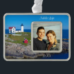 Maine Vacation Family Photo Date Nubble Lighthouse Christmas Ornament<br><div class="desc">Maine Vacation Family Photo Date Nubble Lighthouse Ornament.  Customize the text and change the inset photo with your favorite vacation photograph.   My Maine Vacation Family Photo Lighthouse Ornament Collection allows you to personalize elegant lighthouse photography with your family memories to create the perfect keepsake ornament.</div>