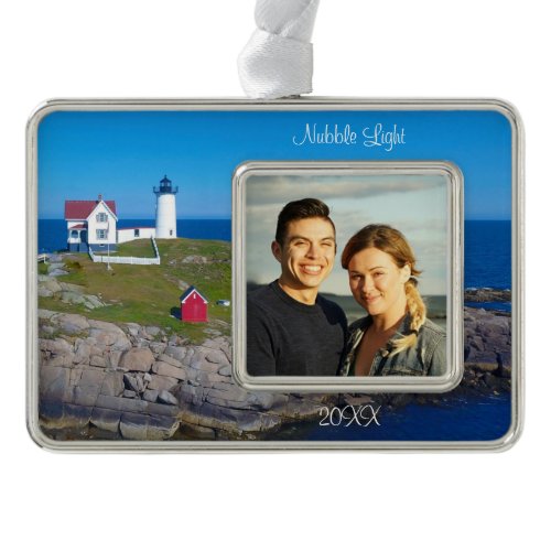 Maine Vacation Family Photo Date Nubble Lighthouse Christmas Ornament
