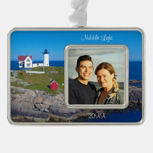 Maine Vacation Family Photo Date Nubble Lighthouse Christmas Ornament