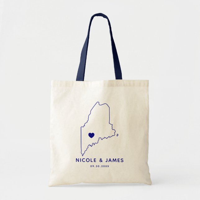 Maine Wedding Welcome Bag Tote, Navy Blue Map (Front)