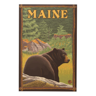 MaineBlack Bear in Forest Wood Wall Art