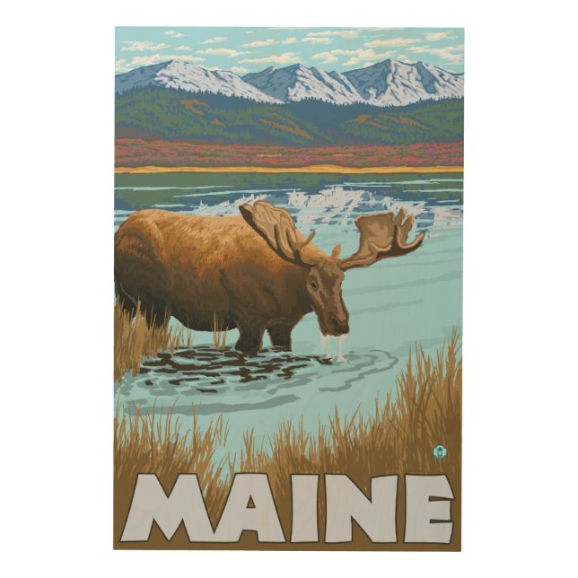 MaineMoose Drinking in Lake Wood Wall Decor (Front)