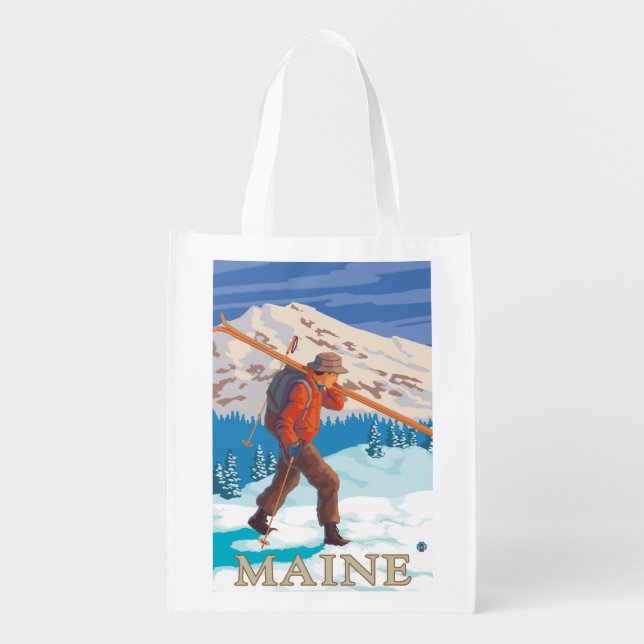 MaineSkier Carrying Skis Grocery Bag (Front)