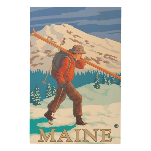 MaineSkier Carrying Skis Wood Wall Art (Front)