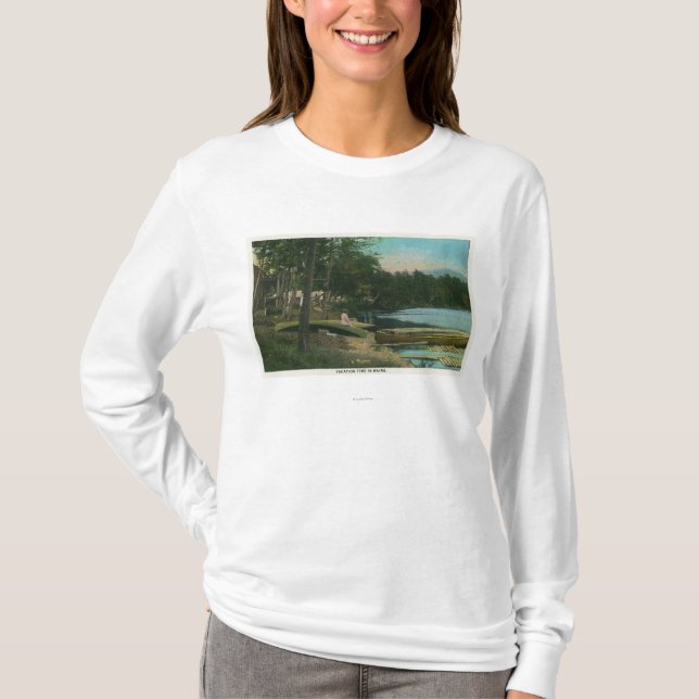 MaineView of a Woman on a Canoe by the Shore T-Shirt (Front)